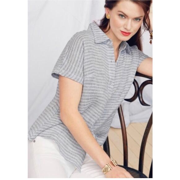 Cabi Top Womens Medium Gray Cream Hacienda Collared Short Sleeve Linen Casual - Picture 1 of 9
